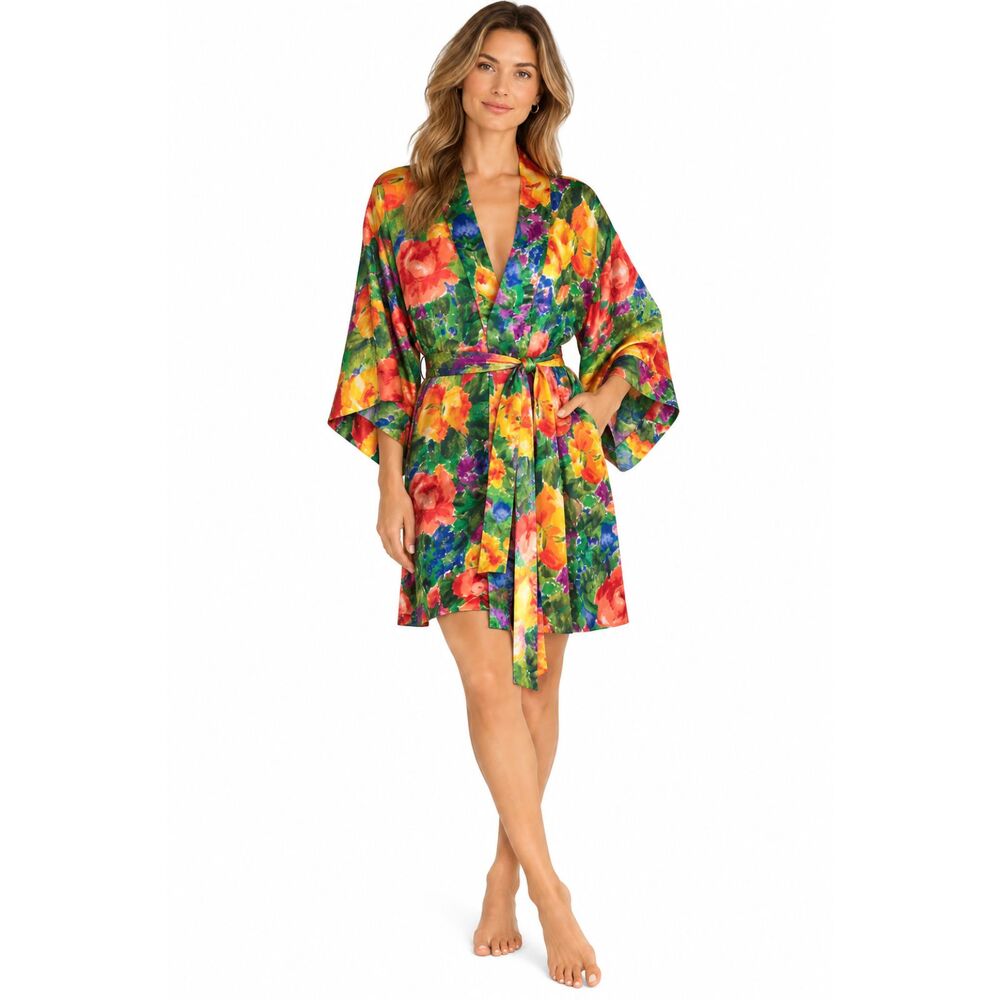 Vintage Victoria’s Secret Gold Label Floral Satin Kimono Robe Belted Large
